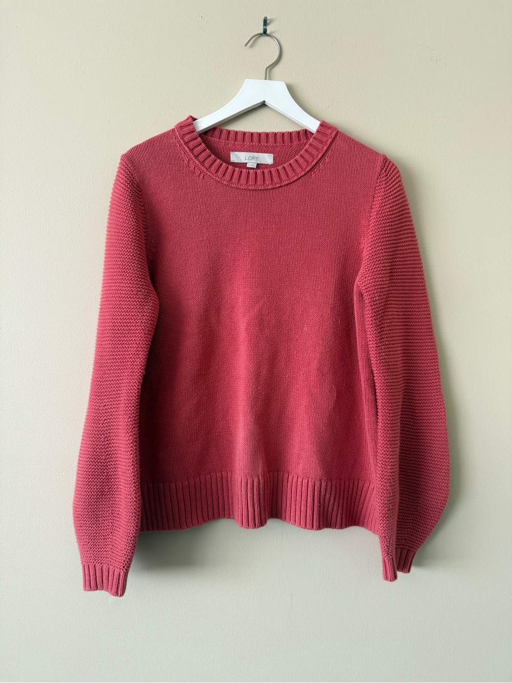 LOFT Pink Red 100% Cotton Knit Crew Neck Long Sleeve Sweater Ribbed Trim Medium